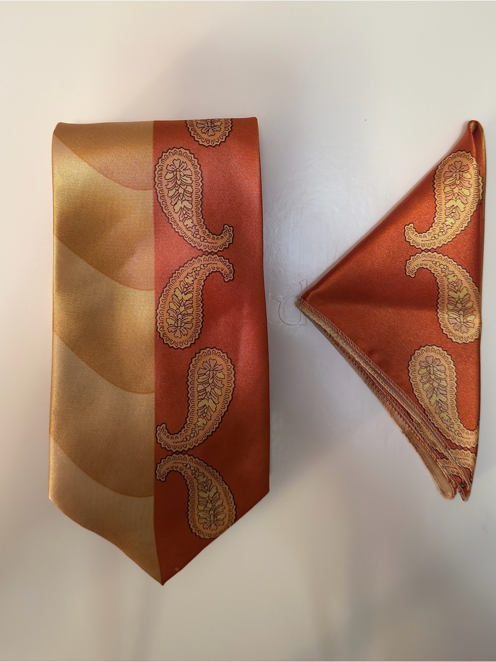 George Martin Orange and Gold Paisley Neck Tie and Handkerchief Set